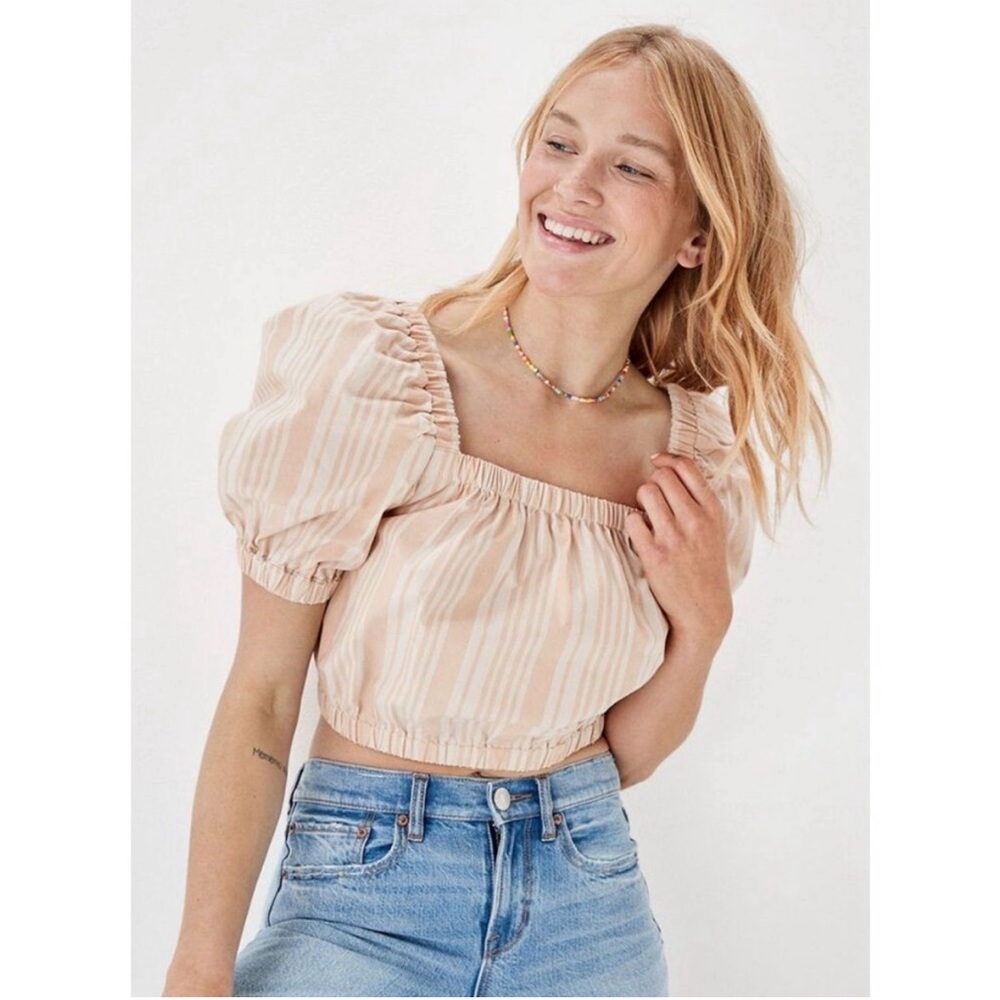 American Eagle Outfitters Tan Striped Puff-Sleeve Bubble Top
